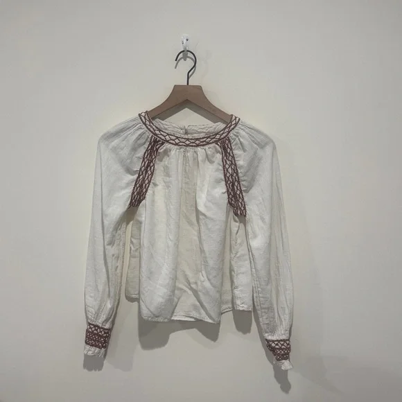 • Faherty • Women’s Arles Embroidered Top White and Brown Medium - Picture 3 of 5